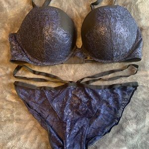Victoria’s Secret Black Blue and Silver Lacy Push-Up Bra and Matching Panty Set